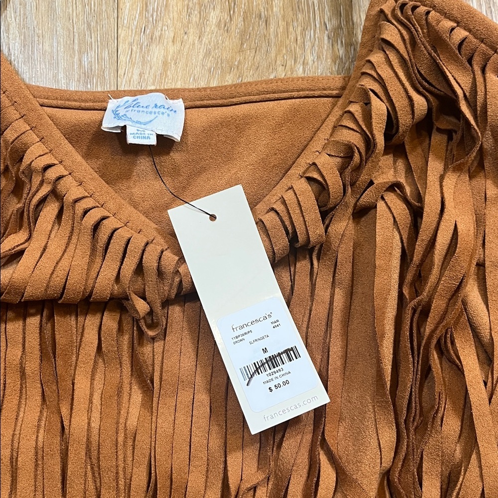 NWT Blue Rain x Francesca's Fringe Tank Top Western Boho Rust Caramel Medium New - Picture 6 of 12